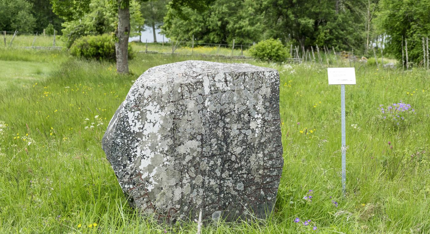 En stor runsten som ligger mitt i ett grönskande fält.