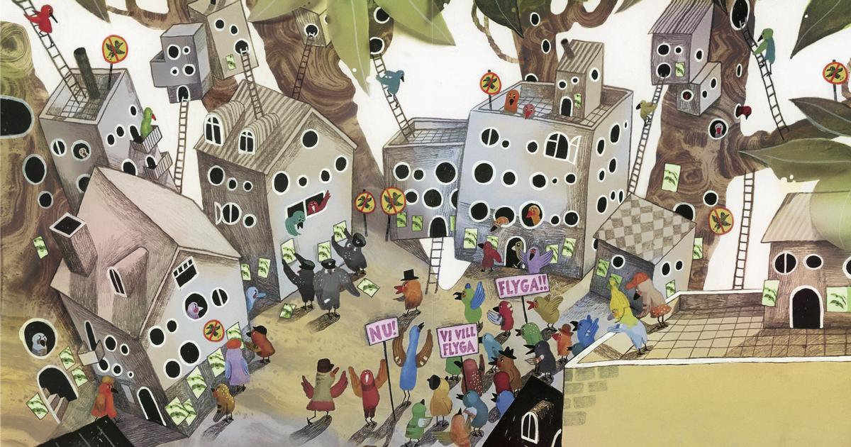 Bild från bilderbokens Azins längtan. En stad där fåglar demonstrerar med plakat.