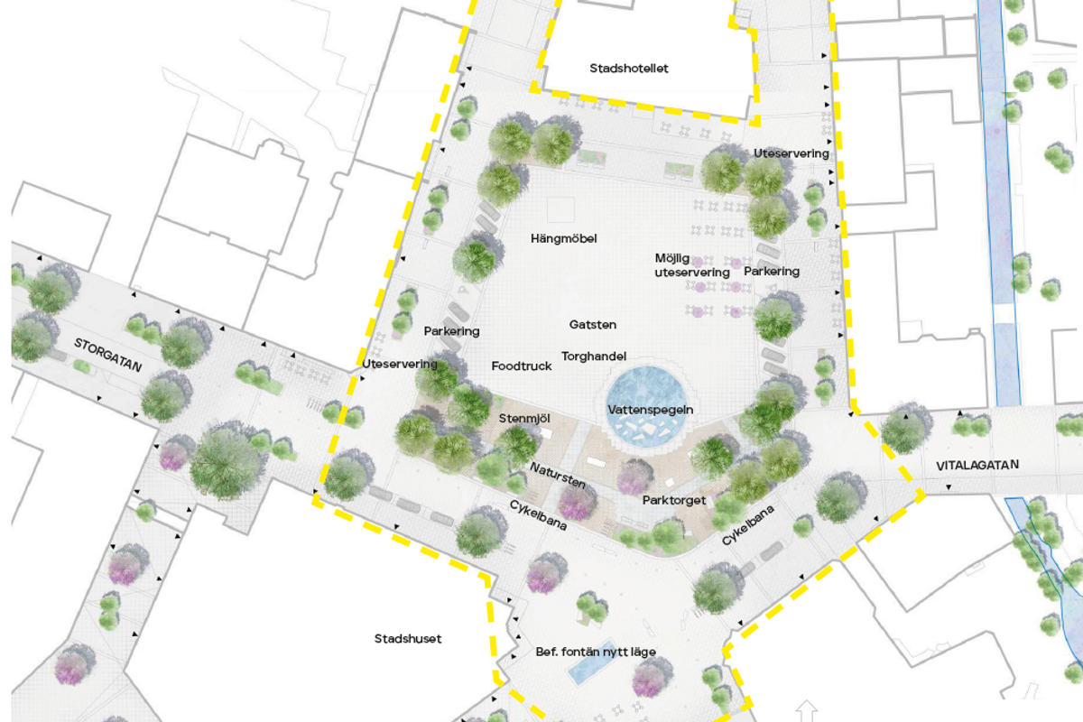 En skiss över Stortorget i Vetlanda, sett ovanifrån. På skissen syns träd, sittplatser och en rund vattenspegel.