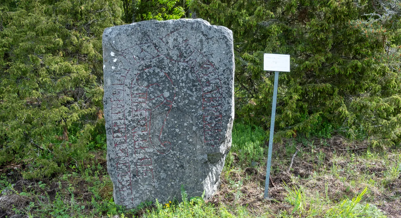 En stor runsten som ligger mitt i en skog.