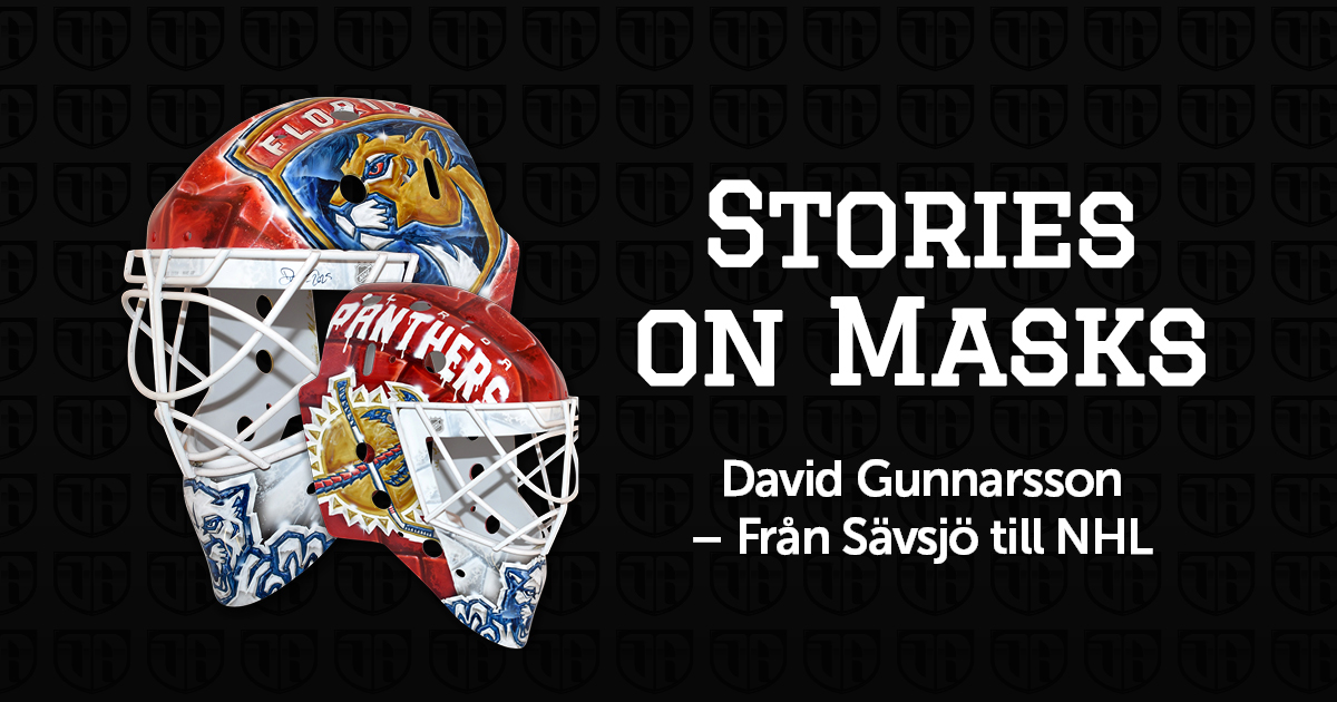 En hockeymask gjord av David Gunnarsson. Masken visas ur två vinklar. Titeln Stories on Masks, David Gunnarsson - från Sävsjö till NHL finns i bilden