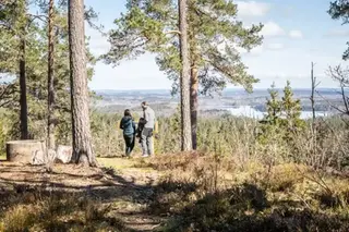 En man och en kvinna tittar ut över en höjd, de ser ut att vara ute och vandra