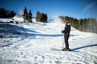 En skidåkare står i en skidbacke en solig vinterdag