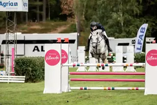 Häst och ryttare hoppar över ett hinder som det står Vänliga Vetlanda på.